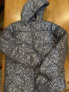 Childrens Place Puffer Jacket Girls XL 14 Gray Silver Leopard Animal Print Coat - Picture 1 of 11