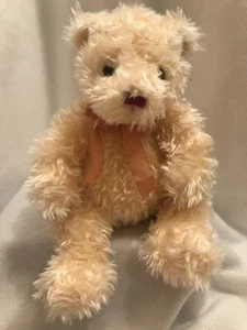 Teddy Bear Glittery Tan Plush Stuffed 13" Animal  Ribbon Bow TY Large Vintage - Picture 1 of 5