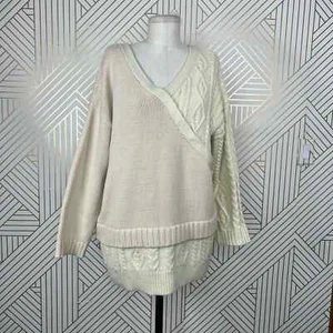Moussy Cable Knit Layered V-Neck Sweater Ivory Cream One Size - Picture 1 of 12