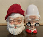 Vtg Mr. Mrs. Santa Claus Ceramic Egg Cup Holders W/ 1 Wool Hat Warmer Kreiss