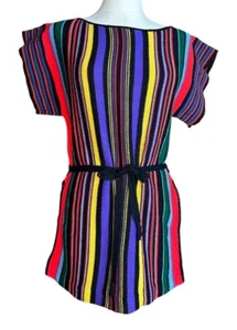 Vintage 70s Rainbow Striped Tunic Sweater Side Slits Short Sleeve Belted Size S? - Picture 1 of 10