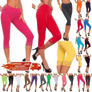 Ladies Women 3/4 Length Leggings Floral Lace Cropped Trim Edge Jog Jogging Pants - Picture 1 of 18