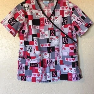 Damengröße Small Peeling-Top V-Ausschnitt Cancer Awareness pink schwarz S6 - Bild 1 von 4