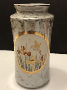 The Art Of Chokin Japanese Vase With Irises And Hummingbird Gold Silver 6” Tall