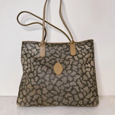 Vintage Yves Saint Laurent YSL Tote Bag Brown Canvas Leather Taupe Beige Print - Image 1 of 4