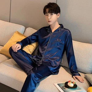 Mens Silk Satin Pajamas PJ Set Long Sleeve Top and Bottom Loungewear Homewear - Picture 1 of 15