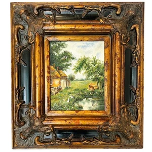 Vintage American Cottage Landscape Oil On Board Painting 18.5" x 20.5" - Picture 1 of 9