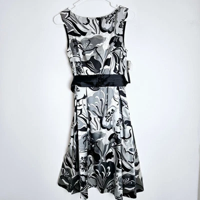 Tahari Dress Womens Sz 4 PETITE Black Gray Floral Sleeveless Satin Belted NEW - Image 1 of 4