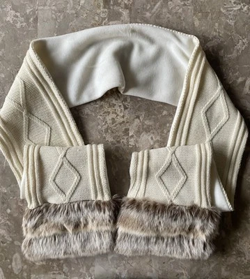 Parkhurst 羊毛混纺毛皮装饰围巾 OS 奶油粗针织舒适 — 第 1/4 张图片