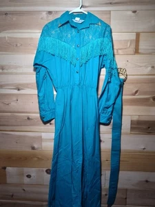 VINTAGE LILIA SCHULDIG TÜRKIS WESTERN FRANSEN DETAIL KLEID MIT GÜRTEL GRÖSSE 9/10 - Bild 1 von 10