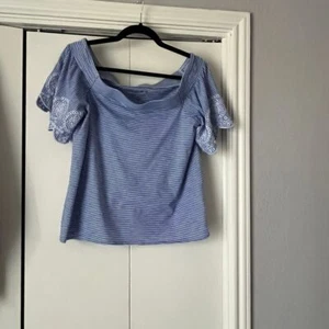 LOFT Blue Striped Off-Shoulder Top with Eyelet Lace Sleeves Size M - Picture 1 of 4