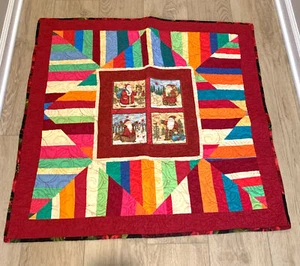 Hand Made Quilted Christmas Table Topper Santa & Poinsettias 33" x 35" - Picture 1 of 5