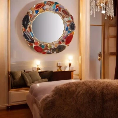 18" Contemporary Multi-Agate Mirror – Elegant Natural Stone Framed Design - Image 1 of 4