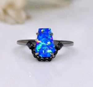 Black Rhodium Plated 925 Silver Blue Opal Gemstone Engagement Bridal Ring - Picture 1 of 5