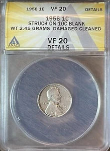 1956 Lincoln Cent Struck on a Silver Dime Planchet ANACS VF 20 Details - Picture 1 of 4