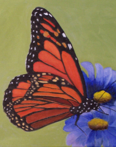 " Monarch on Blue flower", 24" x 20 "   Gallery wrapped, original oil painting  