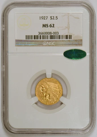1927 $2.50 Indian Head U.S. Quarter Eagle Gold Coin, Graded MS62 by NGC with CAC Cover