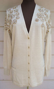 NEW $2690 Oscar de la Renta M Gold Beaded Sequin Wool Cardigan Sweater Floral