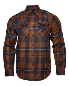 Dixxon Flannel "Boroughs" Mens LARGE Plaid Brown Navy Blue Button NYC Shirt - Picture 1 of 12