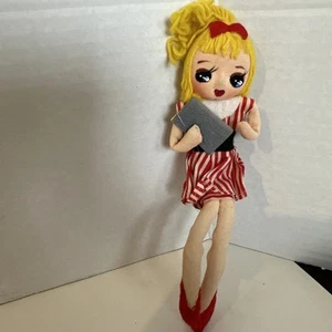 Vintage Schmuckkästchen Puppe mit großen Augen Happy Pose Mod Stoff rot & weiß gestreift Kleid - Bild 1 von 16