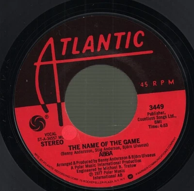Abba Name of the Game 7" vinyl USA Atlantic 1977 styrene record. small sticker - Image 1 of 2