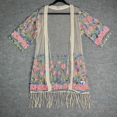 ASHA Cardigan Womens OS Floral Sheer Embroidered Duster Boho Hippie Cover Up - Image 1 of 4