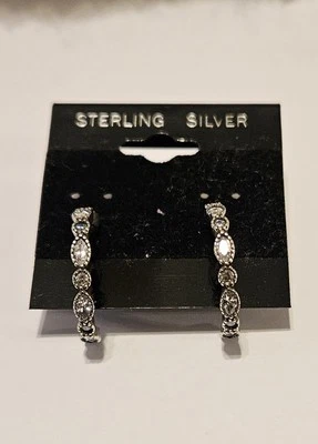 J-HOOP WHITE ZIRCON STERLING SILVER 925 WOMEN'S HOOP EARRINGS 1 INCH - Image 1 of 4