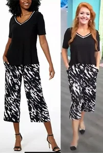 NEW Nina Leonard SIZE XL 2-piece Tunic & Print CROPPED Culotte Pant BLACK Set - Picture 1 of 9