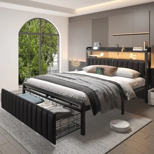 Metal Full Queen Bed Frame with Storage Drawers and  Storage Leather Headboard - Picture 1 of 11