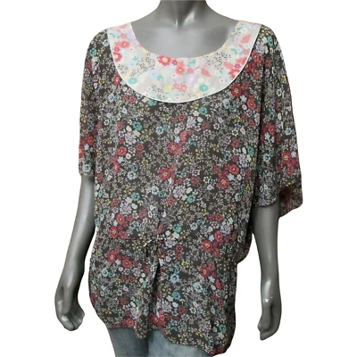 Kensie Womens Top Gray Pink Blue Floral Print Short Dolman Sleeve Drop Waist L Foto 1 de 4