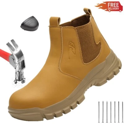 Botas de trabajo impermeables para hombre sin cordones punta de acero zapatos calzado de seguridad antideslizante Foto 1 de 4