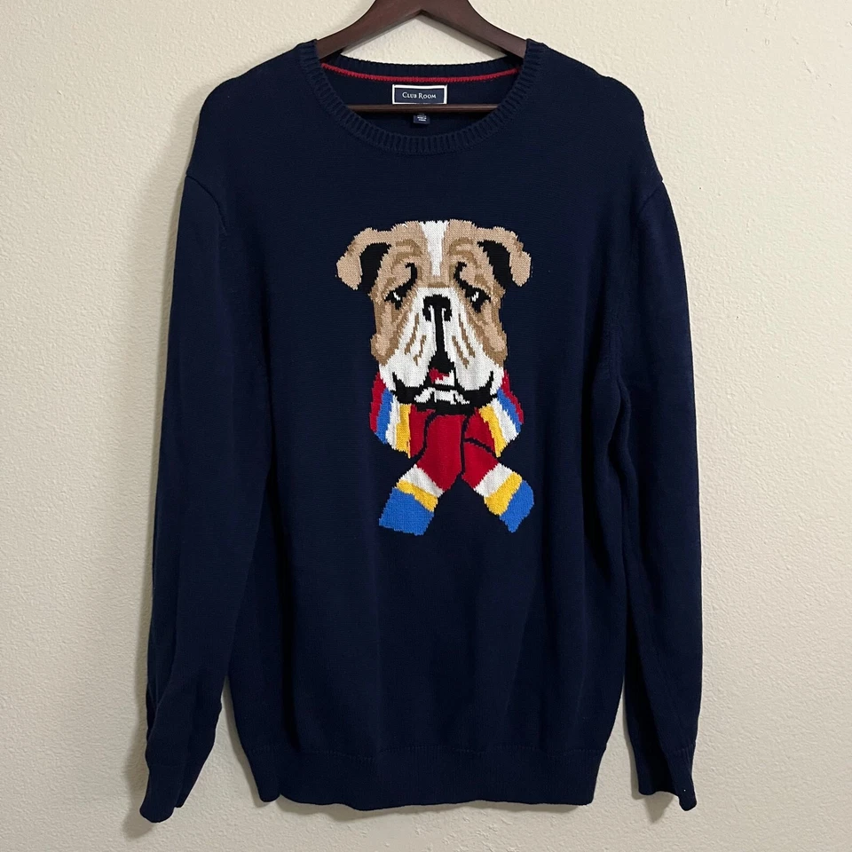 Suéter Pullover Tejido Azul Marino Cuello Redondo Bulldog Bufanda Para Hombre Club Room Talla XL Foto 1 de 4