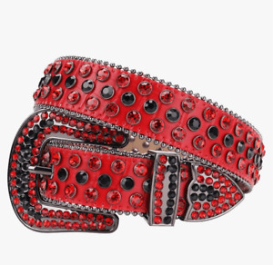 Red Black Rhinestone Western Cowgirl Cowboy Leather Belt Diamond Studded XS 40”