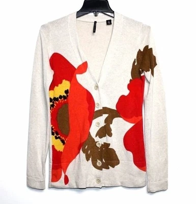 ISDA & CO - S - Oatmeal & Orange/Yellow Abstract Floral V-Neck Cardigan Sweater - Image 1 of 3