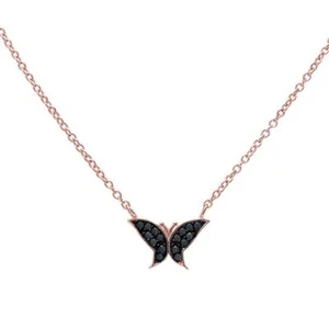 Rose Gold Plated Nano Black Onyx Butterfly .925 Sterling Silver Pendant Necklace - Picture 1 of 2