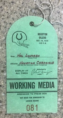 Houston Oilers @ Baltimore Colts Working Media Press Pass 10/14/1979 - Image 1 of 2