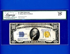 1935A $10 silver certificate North Africa Fr 2309 Legacy VF25 yellow seal; WWII - Picture 1 of 3