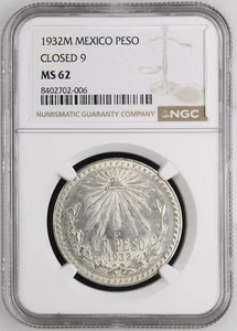 1932 MEXICO Silver 1 PESO NGC MS-62 CLOSED 9 - Picture 1 of 2