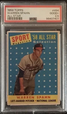 Topps 1958 Warren Spahn All Star # 494 PSA 2,5 Foto 1 de 2