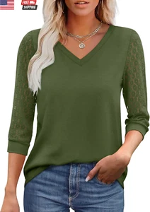3/4 Length Sleeve Womens Tops V-Neck Lace Tunic Tops Business Casual Blouses 202 - Picture 1 of 4
