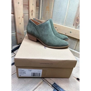 US7.5 LUCKY BRAND Fanky Olive Suede Leather SIDE-ZIP Heeled Ankle Boots Booties - Picture 1 of 9