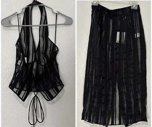 New Zara 2 Piece Striped Organza Black Sheer Skirt Set Small 0264/242 0264/243 - Picture 1 of 11