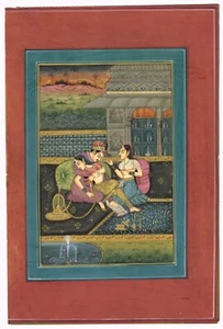 Mughal Miniature Painting Of King & Queen Love Scene Handmade Art 6.5x9.5 Inches - Picture 1 of 6