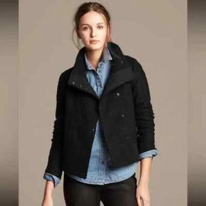 $140 NWT BANANA REPUBLIC 12 Jacket Boucle Black Teddy Moto Funnel Neck - Picture 1 of 11
