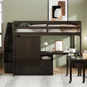 Full Size Wood Loft Bed w/Storage Stairs,Desk,Wardrobe & Movable Table-Espresso  - Picture 1 of 18