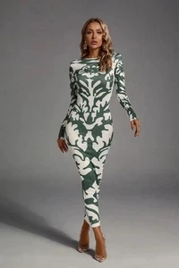 Catchall Delilah Green Open Back Printed Bodycon Bandage Maxi Dress Size Medium - Picture 1 of 9