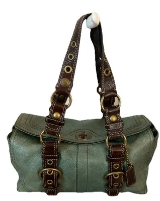 Bolso de Mano Coach Chelsea Cartera Cuero Verde Marrón Correas Bloqueo Giratorio 10963 Guijarro Foto 1 de 4
