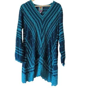 Johnny Was Embroidered Tunic Top Blue Size Medium Boho Whimsy Indie Art to Wear - Picture 1 of 7