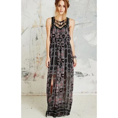 Free People Whimsigoth Maxi Dress 0 Black Pink Geo Lace Sheer Witchy Dark Fairy - Image 1 of 4