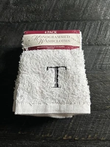 Monogrammed Washcloths (4 Pack) in White with Black “T” - Picture 1 of 6
